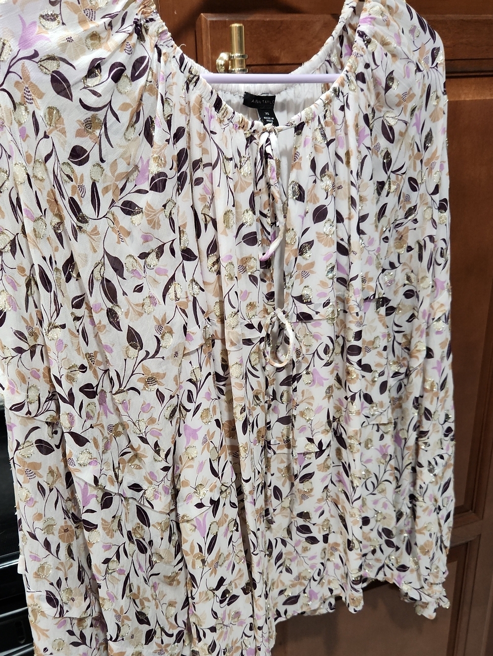 Ann Taylor Cream Floral Peasant Blouse with Purple and Gold Details